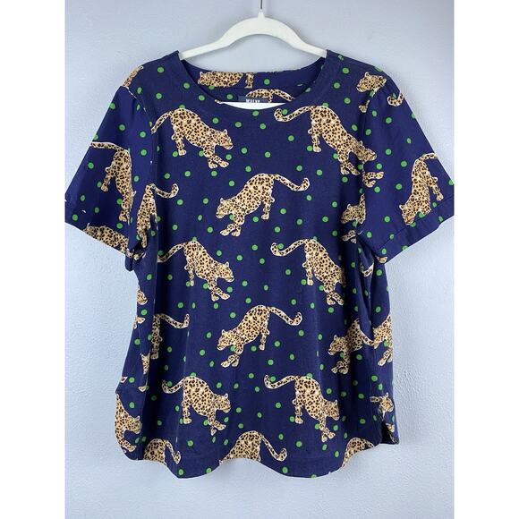 Maeve Tops - Maeve Sz L Navy Blue Big Cat Leopard Graphic Round Bottom Top-READ